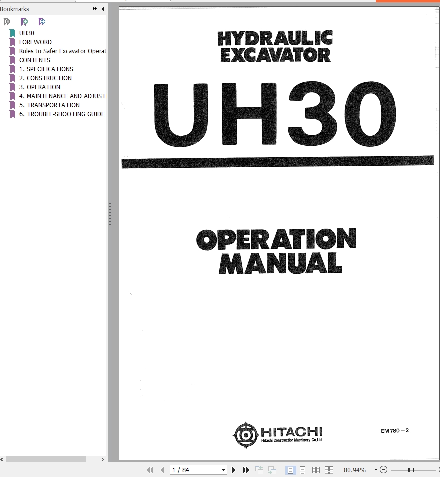 162 Hitachi Hydraulic Excavator UH30 Operation Manual EM780 2