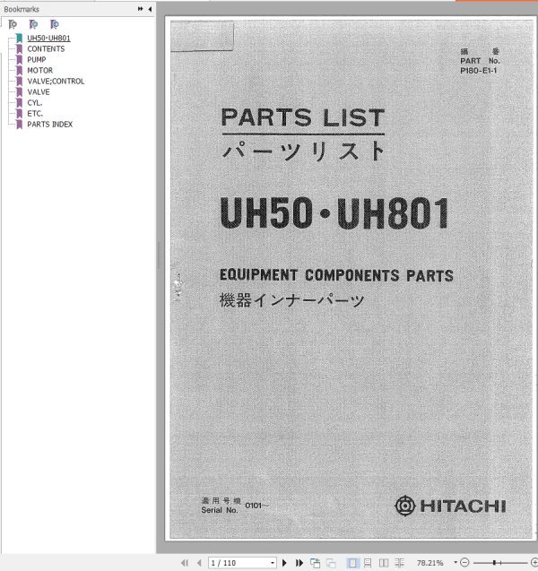 166 Hitachi Hydraulic Excavator UH50 Parts List P180 E1 1 EN JP