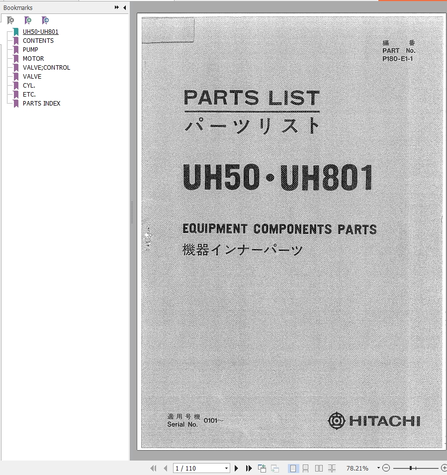 166 Hitachi Hydraulic Excavator UH50 Parts List P180 E1 1 EN JP