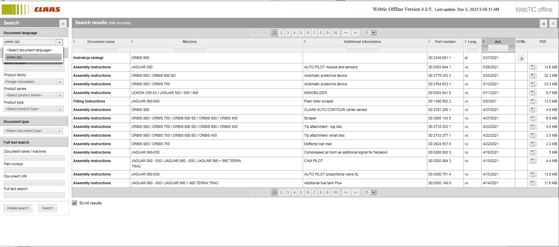 CLAAS WebTIC Offline PL 05.2024 Operator Manual Repair Manual Service Documentation