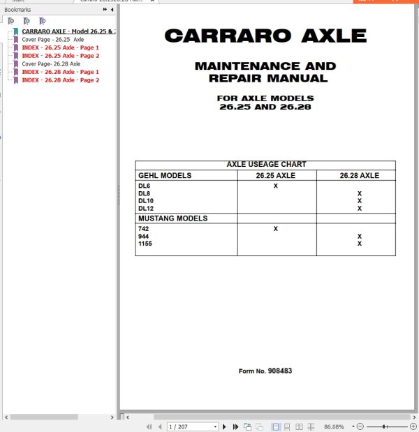 Carraro Telehandler 26.25 26.28 Axle Maintenance Repair Manual 908483
