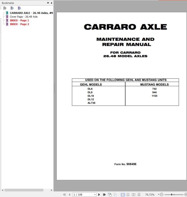 Carraro Telehandler 26.48 Axle Maintenance Repair Manual 908496