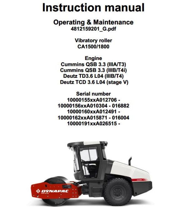 Dynapac Roller CA1500 CA1800 Operation Maintenance Manual PDF 1