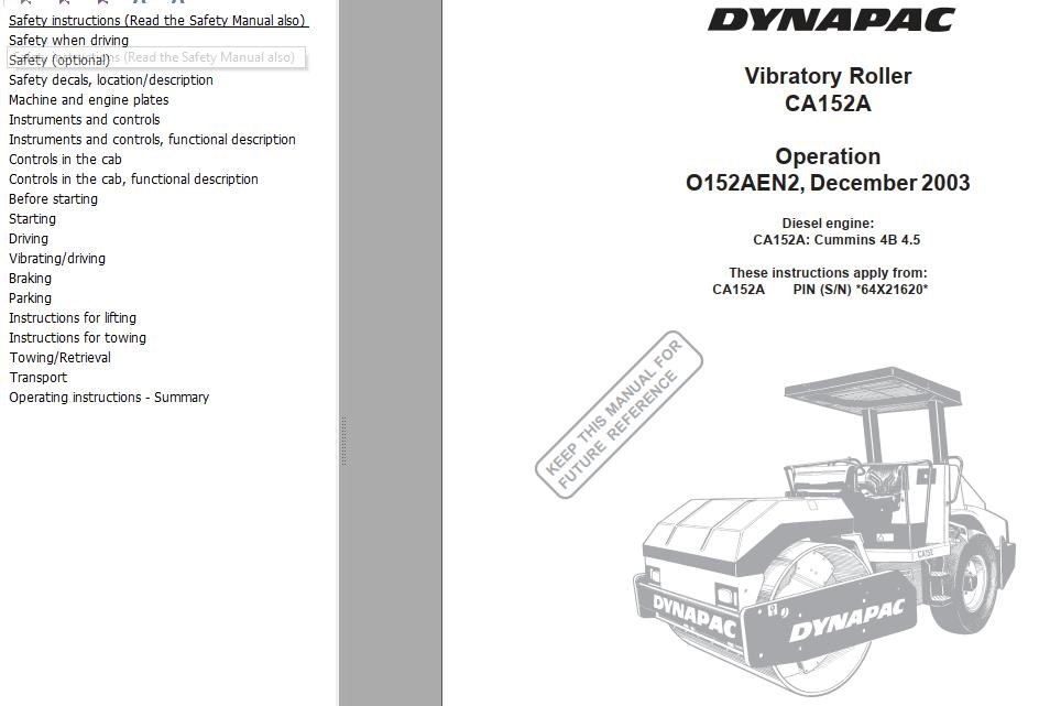 Dynapac Roller CA152A Operation Manual PDF 1
