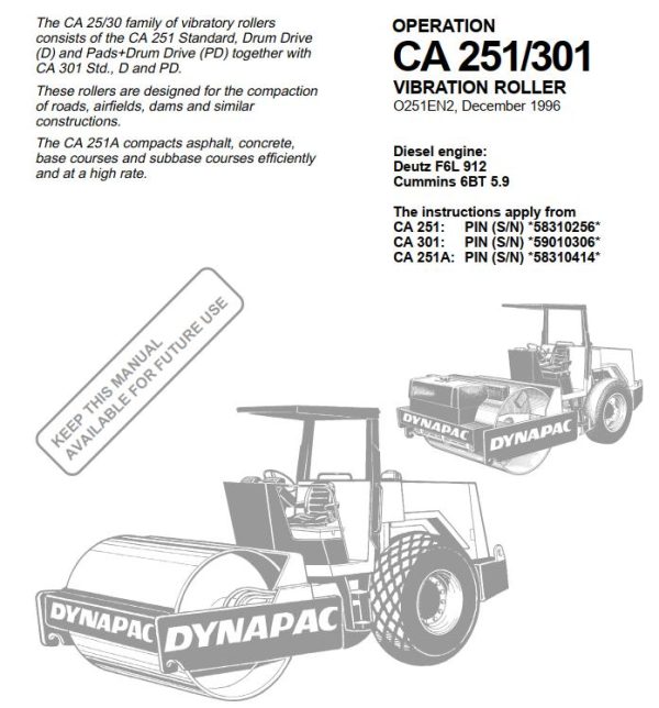 Dynapac Roller CA251 CA301 Operation Manual PDF 1