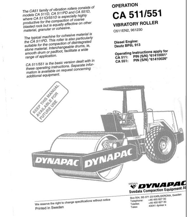 Dynapac Roller CA511 CA551 Operation Manual PDF 1