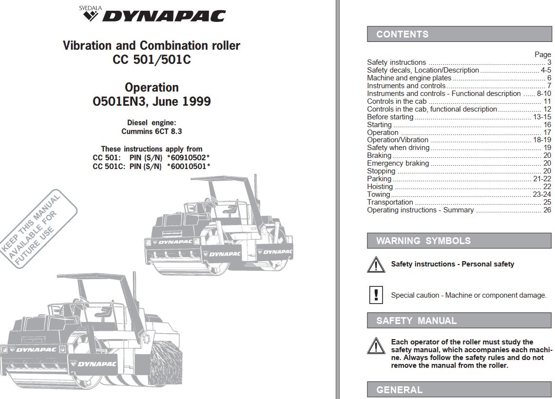 Dynapac Roller CC501C CC501 Operation Manual PDF 1