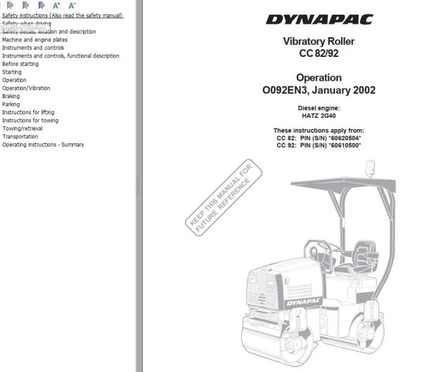 Dynapac Roller CC82 CC92 Operation Manual PDF 1