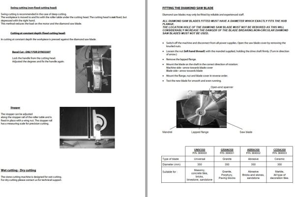 Dynapac Stone Cutting Machine DYNO350 DYNO350T Instruction Spare Parts Catalogue 1