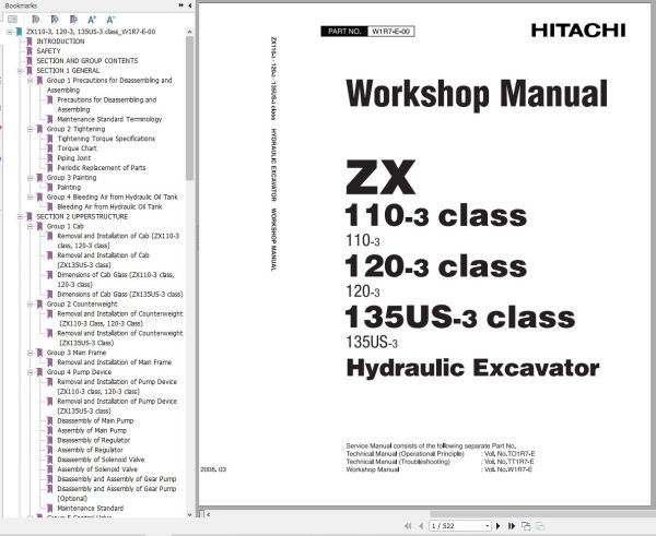 Hitachi Excavator ZX110 3 ZX120 3 ZX135US 3 Workshop Manual W1R7 E 00 1