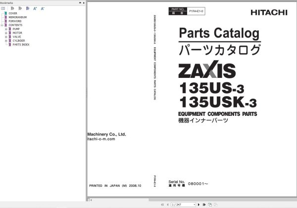 Hitachi Excavator ZX135US 3 ZX135USK 3 Parts Catalog 2