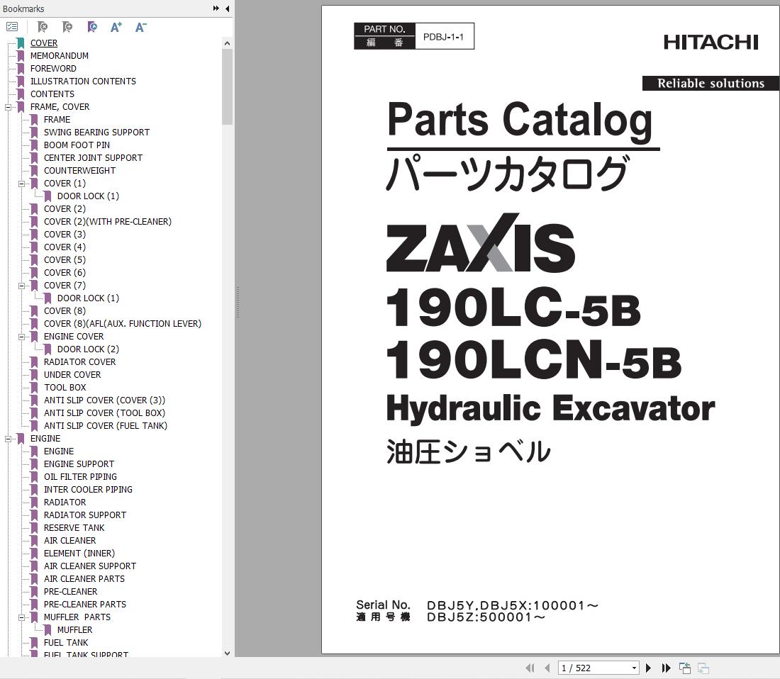 Hitachi Excavator ZX190LC 5B ZX190LCN 5B Parts Catalog 1