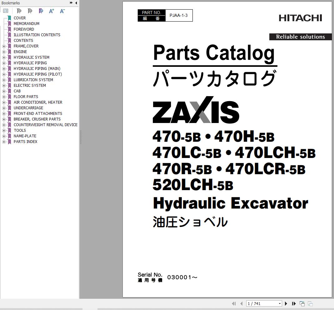 Hitachi Excavator ZX470 5B to ZX520LCH 5B Parts Catalog PJAA 1 3 1