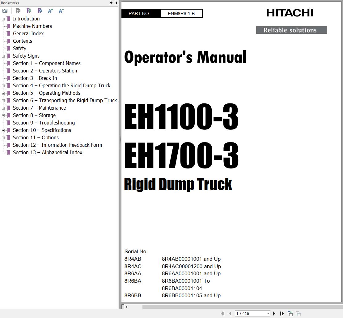 Hitachi Rigid Dump Truck EH1100 3 EH1700 3 Operator Manual