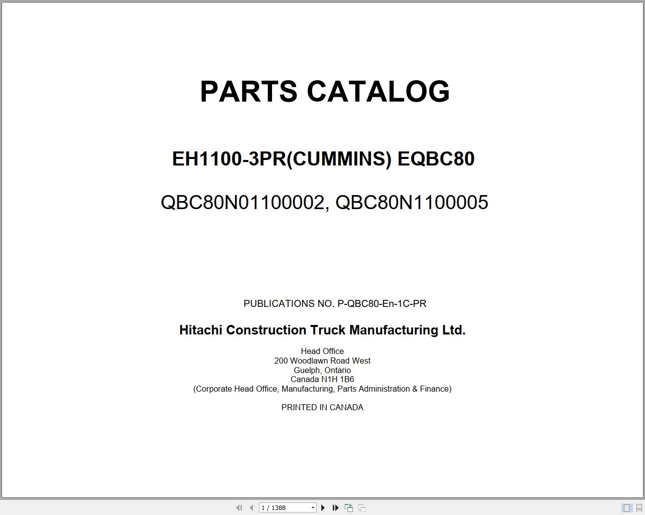 Hitachi Rigid Dump Truck EH1100 3PR Cummins EQBC80 Parts Catalog