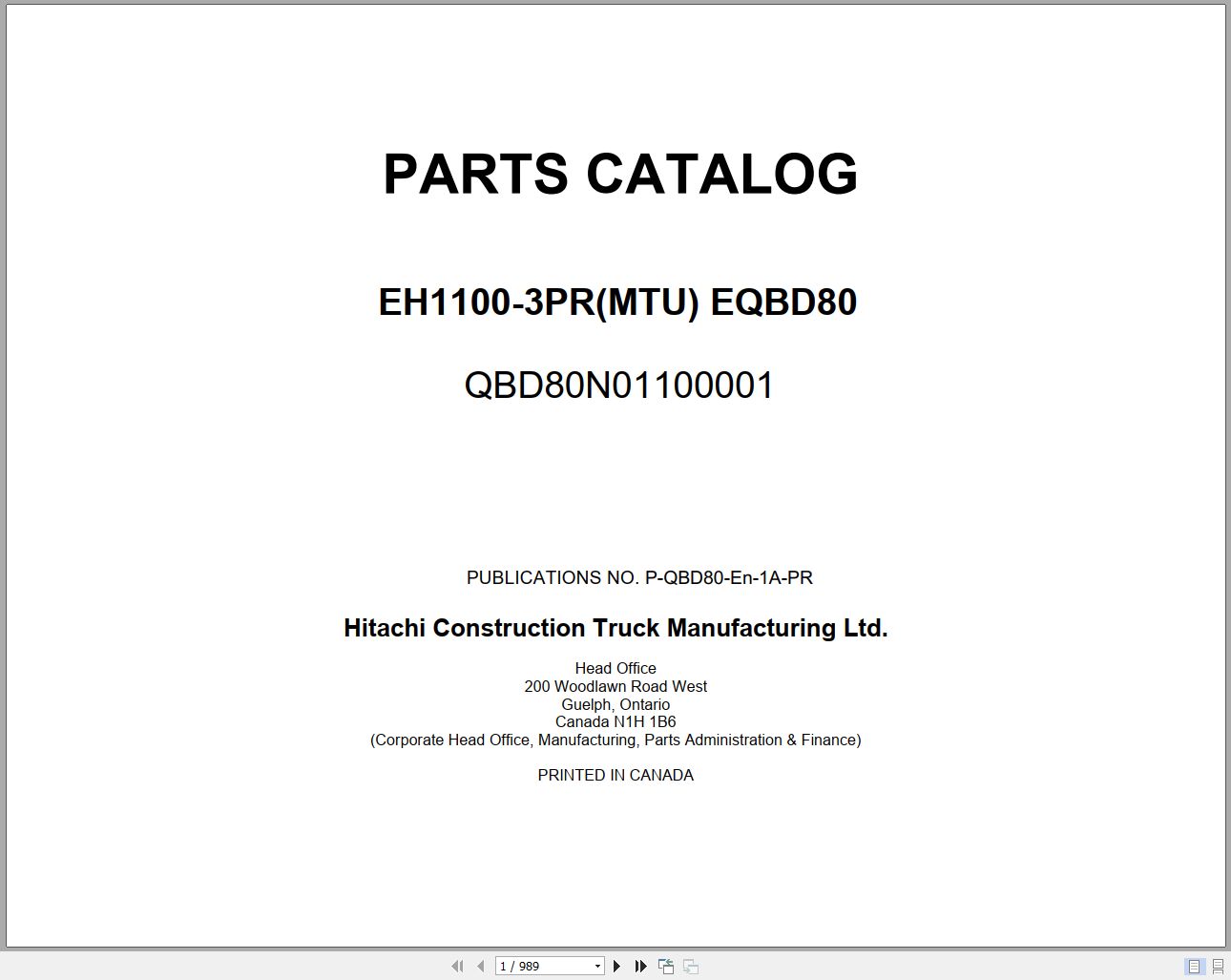 Hitachi Rigid Dump Truck EH1100 3PR MTU EQBD80 Parts Catalog