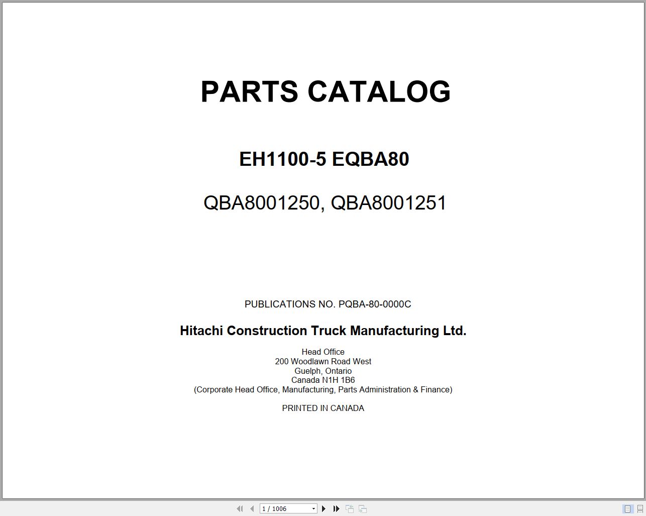 Hitachi Rigid Dump Truck EH1100 5 EQBA80 Parts Catalog