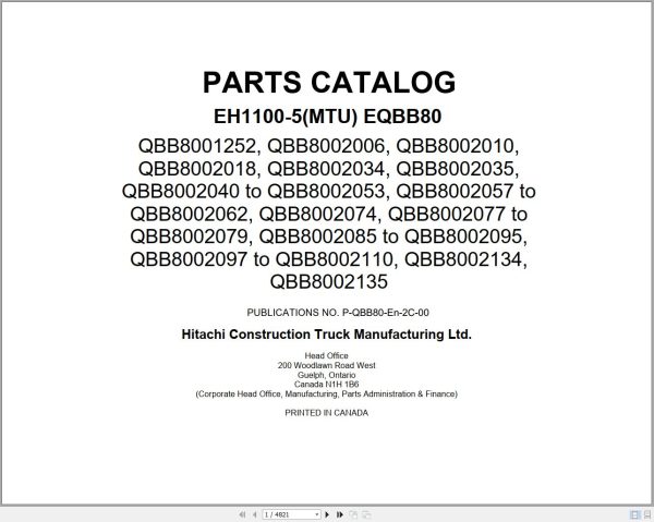 Hitachi Rigid Dump Truck EH1100 5 MTU EQBB80 Parts Catalog