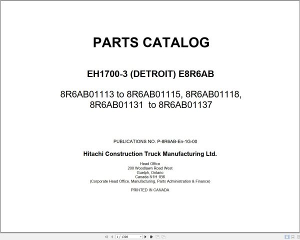 Hitachi Rigid Dump Truck EH1700 3 Detroit E8R6AB Parts Catalog