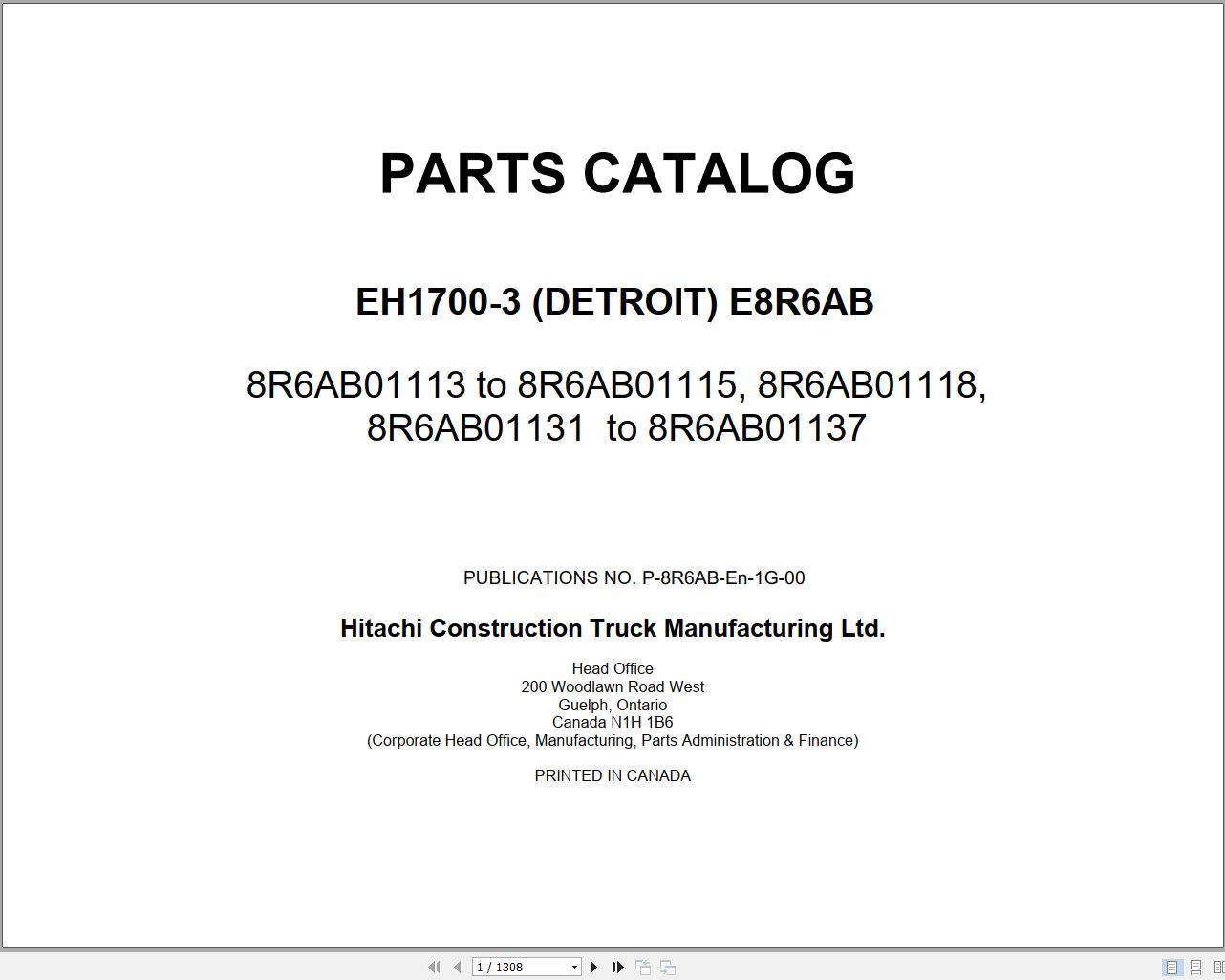 Hitachi Rigid Dump Truck EH1700 3 Detroit E8R6AB Parts Catalog