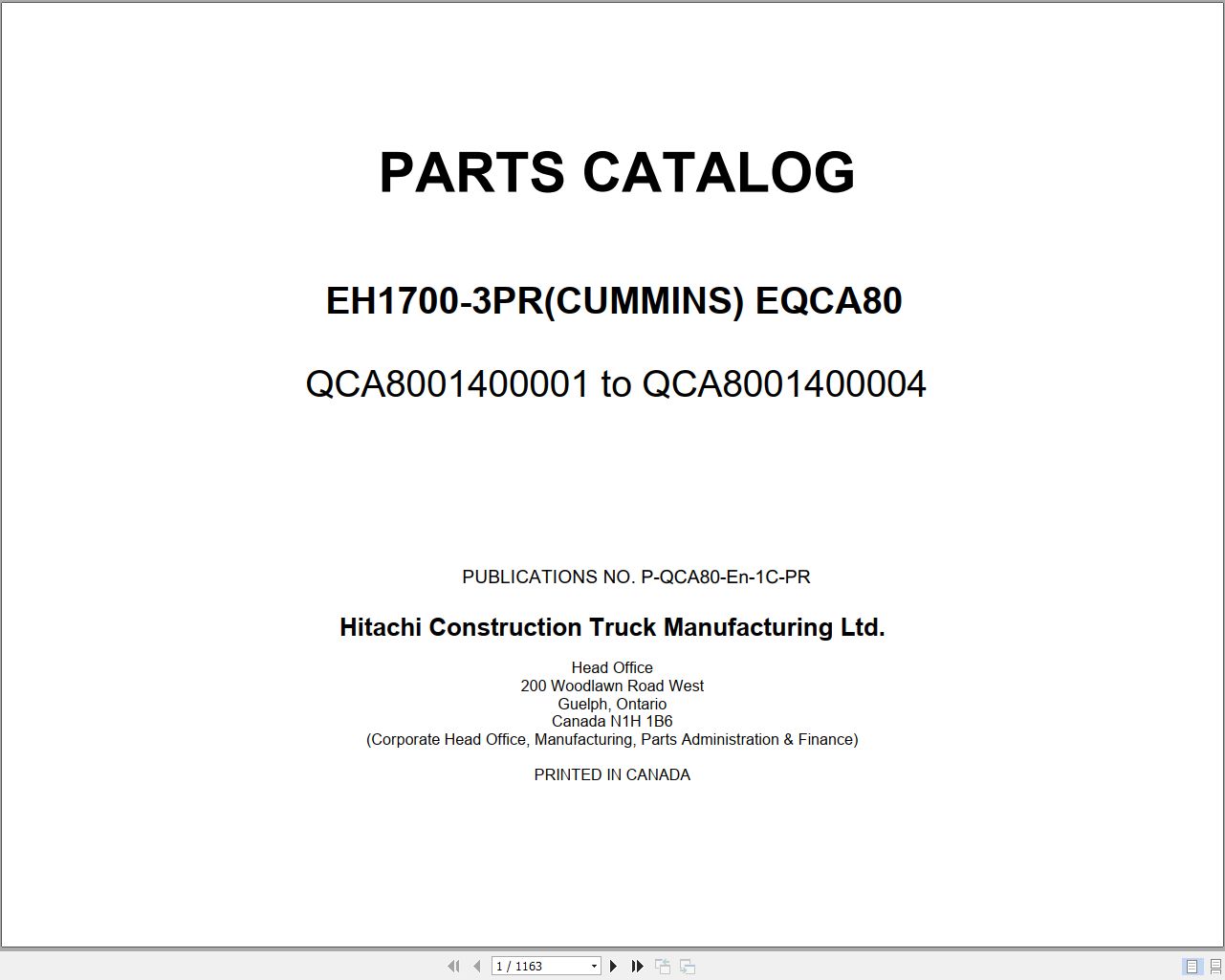 Hitachi Rigid Dump Truck EH1700 3PR Cummins QST30 EQCA80 Parts Catalog