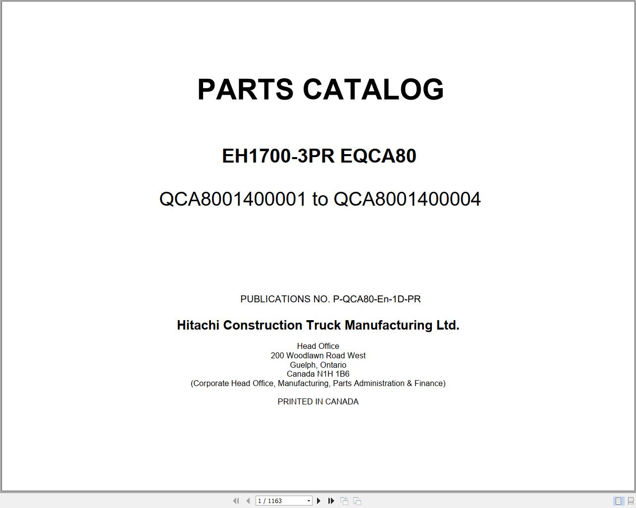 Hitachi Rigid Dump Truck EH1700 3PR EQCA80 Parts Catalog