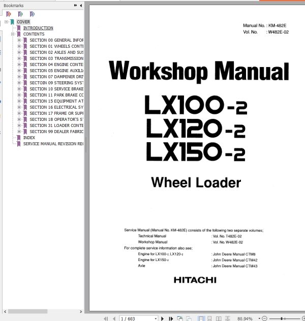 Hitachi Wheel Loader LX100 2 Workshop Manual W482E 02