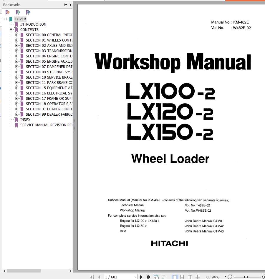 Hitachi Wheel Loader LX100 2 Workshop Manual W482E 02