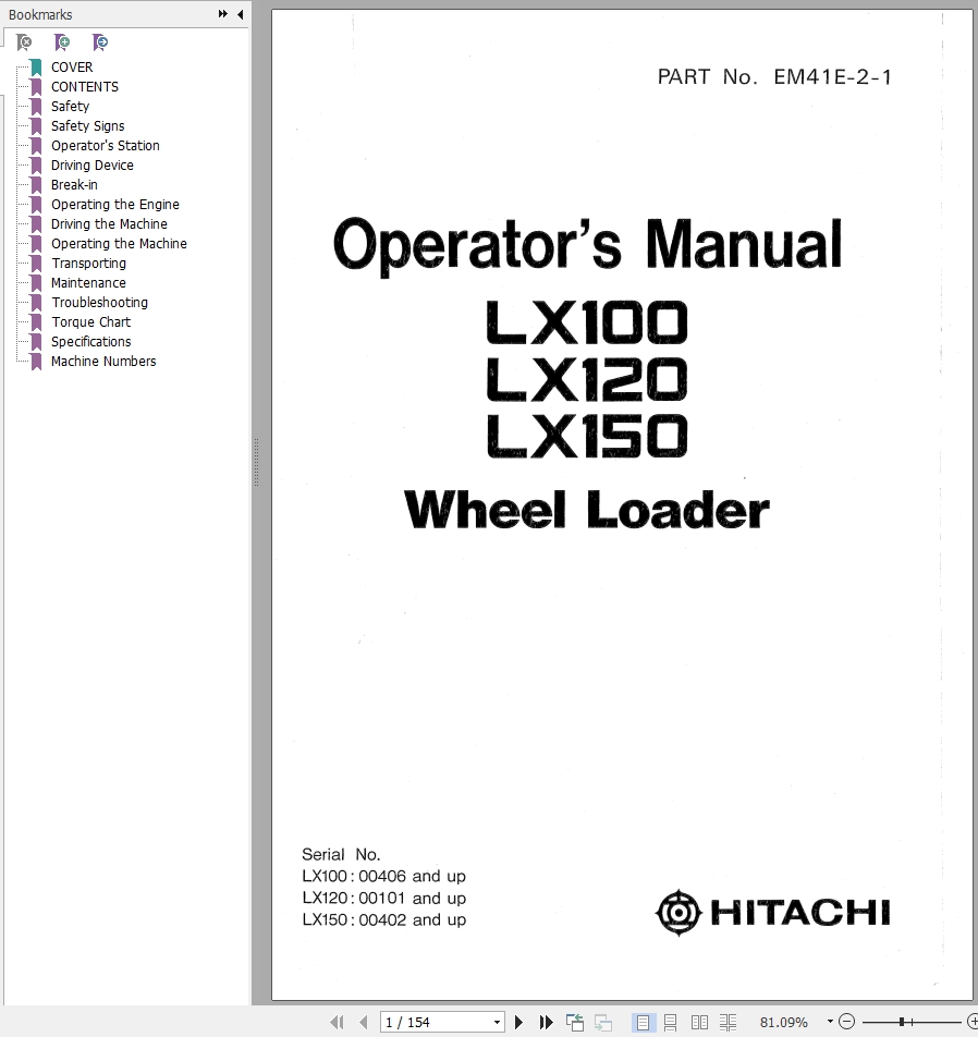 Hitachi Wheel Loader LX100 Operation Manual