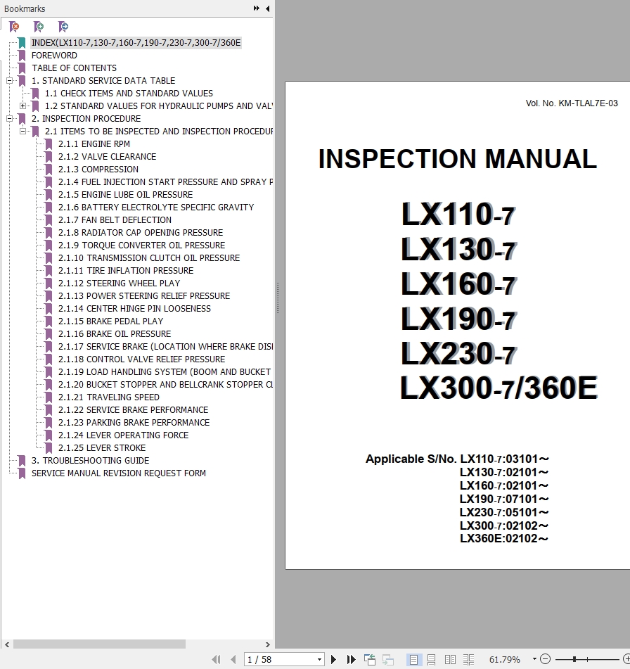 Hitachi Wheel Loader LX110 7 Inspection Manual KM TLAL7E 03