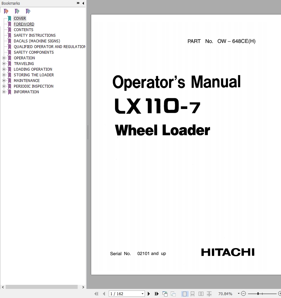 Hitachi Wheel Loader LX110 7 Operators Manual OW 648CEH