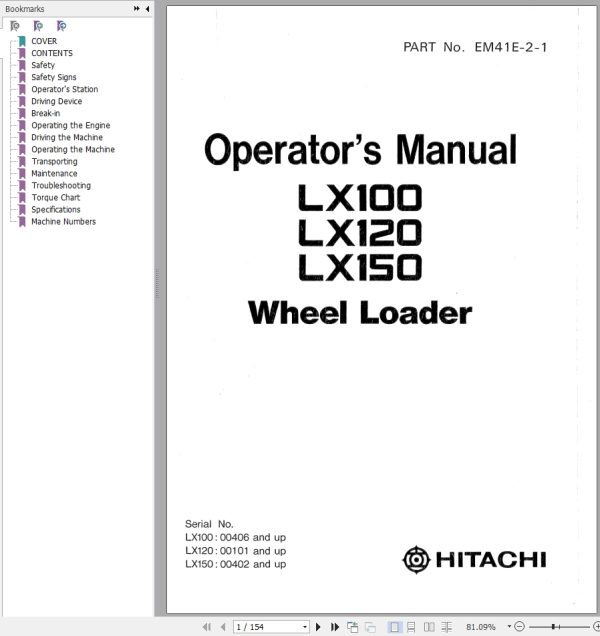 Hitachi Wheel Loader LX120 Operators Manual EM41E 2 1