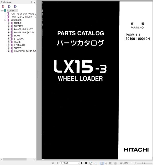 Hitachi Wheel Loader LX15 3 Parts Catalog P40M 1 1 301991 00010H EN JP
