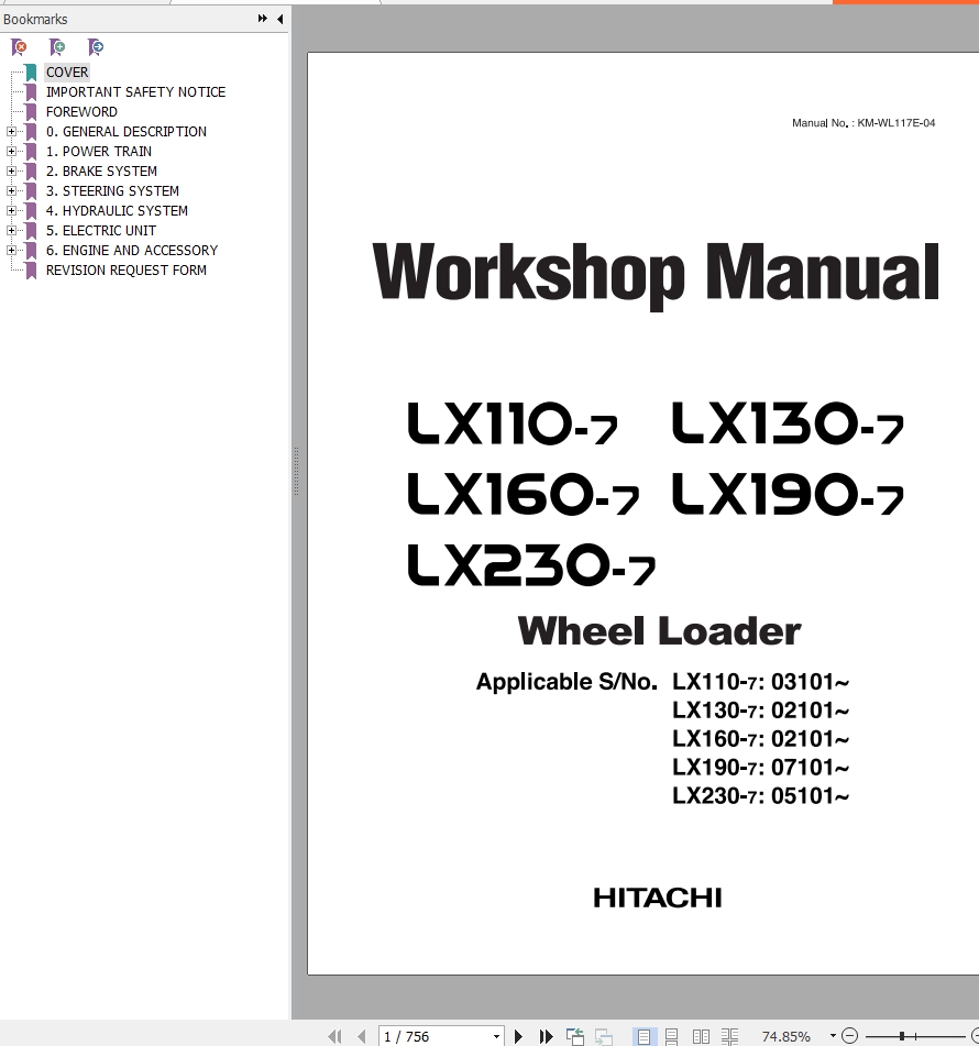 Hitachi Wheel Loader LX190 7 Workshop Manual KM WL117E 04