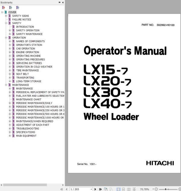 Hitachi Wheel Loader LX20 7 Operators Manual 302992 H0100