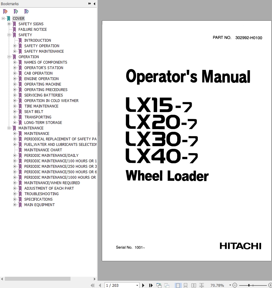 Hitachi Wheel Loader LX20 7 Operators Manual 302992 H0100