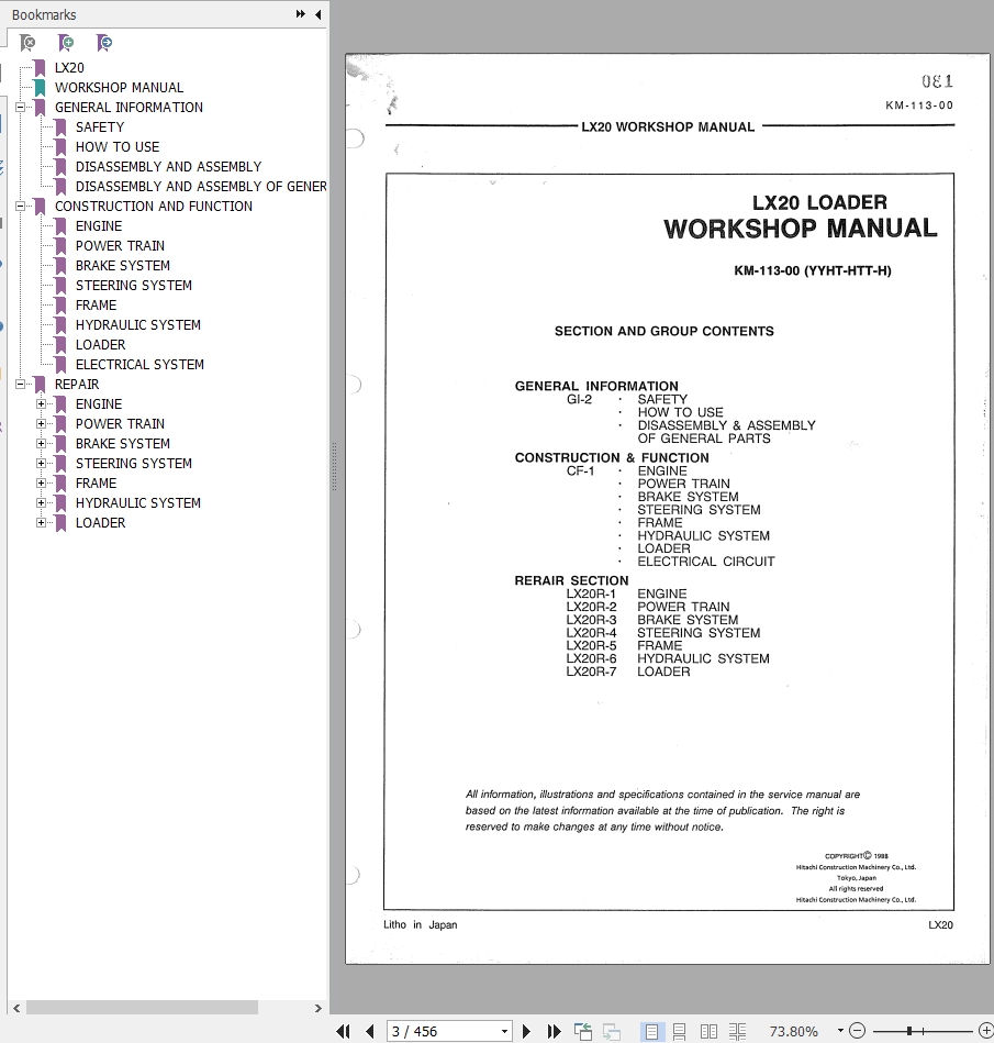 Hitachi Wheel Loader LX20 Workshop Manual KM113 00