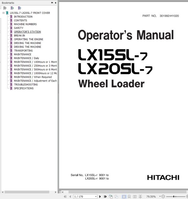 Hitachi Wheel Loader LX20SL 7 Operators Manual 301992 H01020
