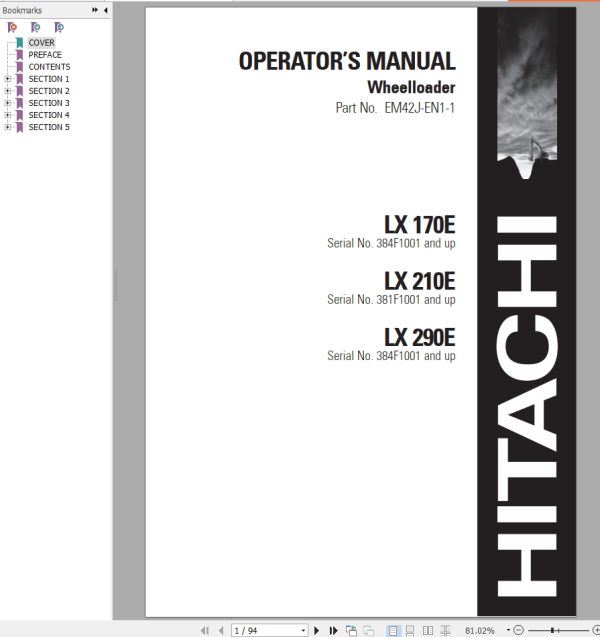 Hitachi Wheel Loader LX210E Operators Manual EM42J EN1 1
