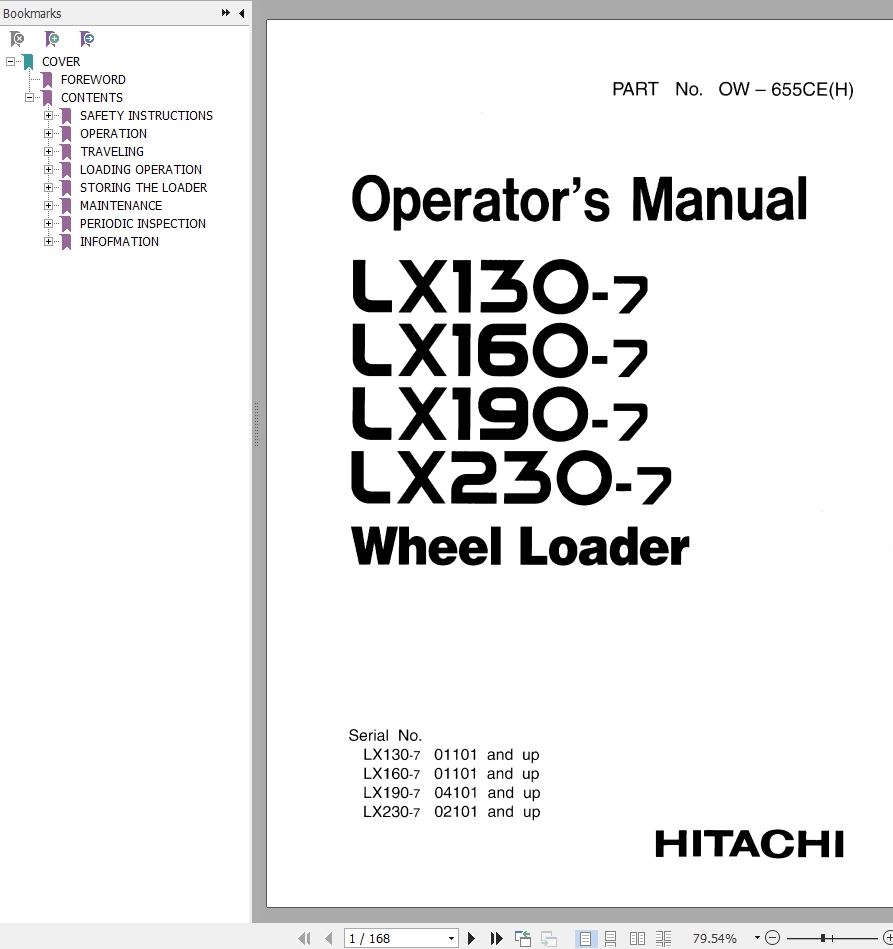 Hitachi Wheel Loader LX230 7 Operators Manual OW655CEH
