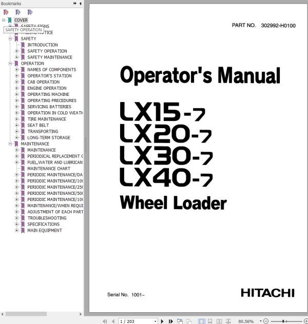 Hitachi Wheel Loader LX30 7 Operators Manual 302992 H0100