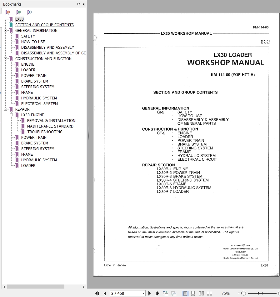 Hitachi Wheel Loader LX30 Workshop Manual KM114 00