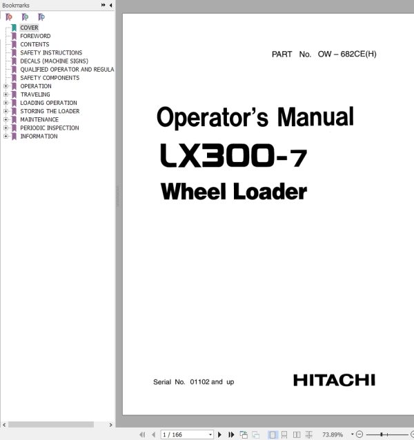 Hitachi Wheel Loader LX300 7 Operators Manual OW 682CEH