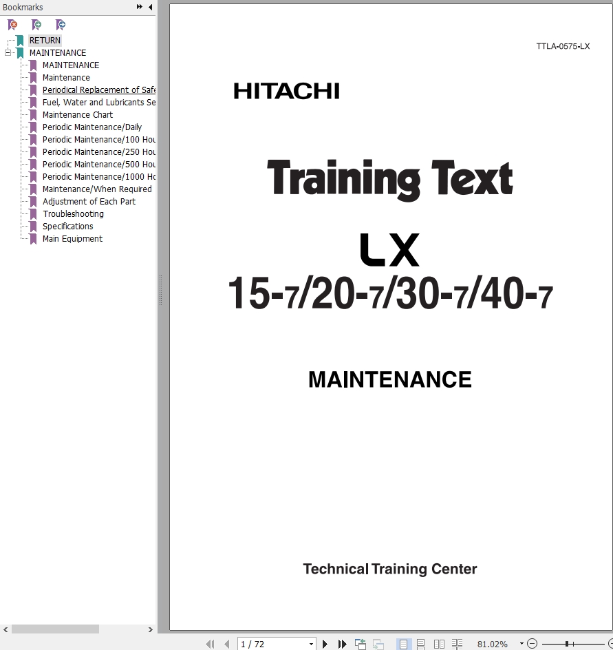 Hitachi Wheel Loader LX40 7 Training Text