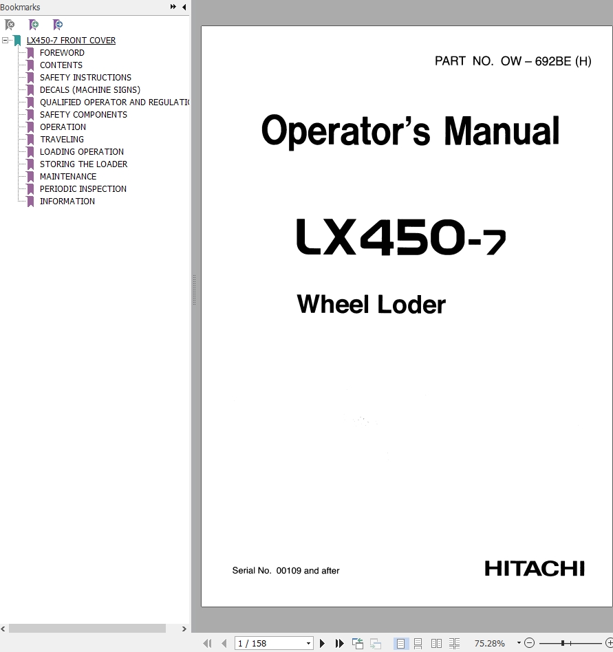 Hitachi Wheel Loader LX450 7 Operators Manual OW 692BEH