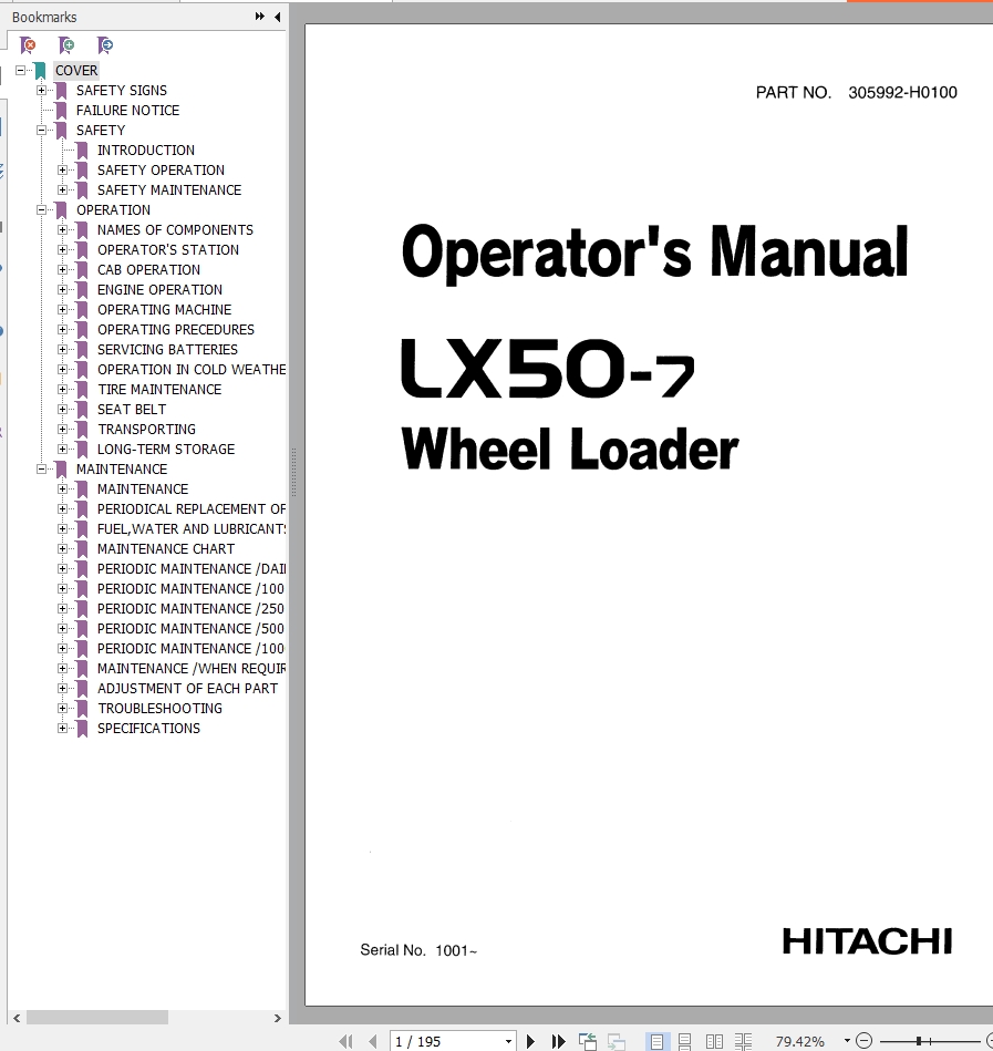 Hitachi Wheel Loader LX50 7 Operators Manual 305992 H0100