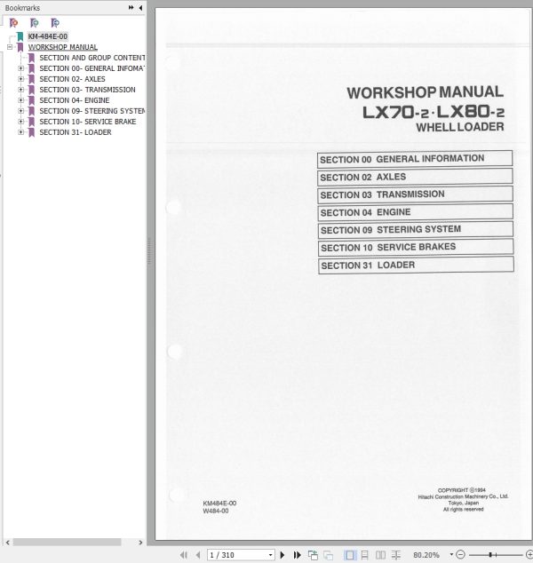 Hitachi Wheel Loader LX70 2 Workshop Manual KM 484E 00