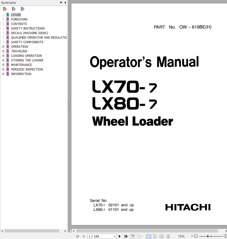 Hitachi Wheel Loader LX70 7 Operators Manual OW 619BEH