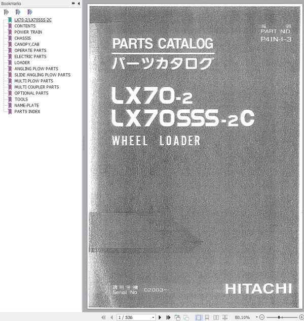 Hitachi Wheel Loader LX70SSS 2C Parts Catalog P41N 1 3 EN JP