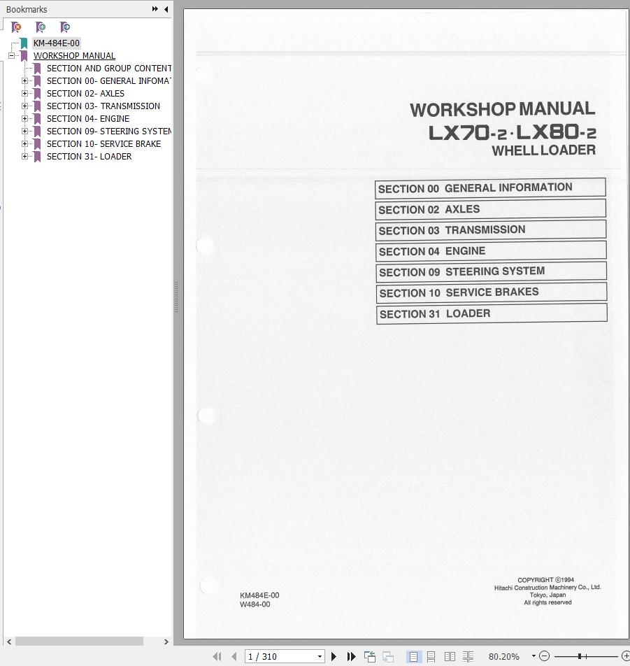 Hitachi Wheel Loader LX80 2 Workshop Manual KM484E 00